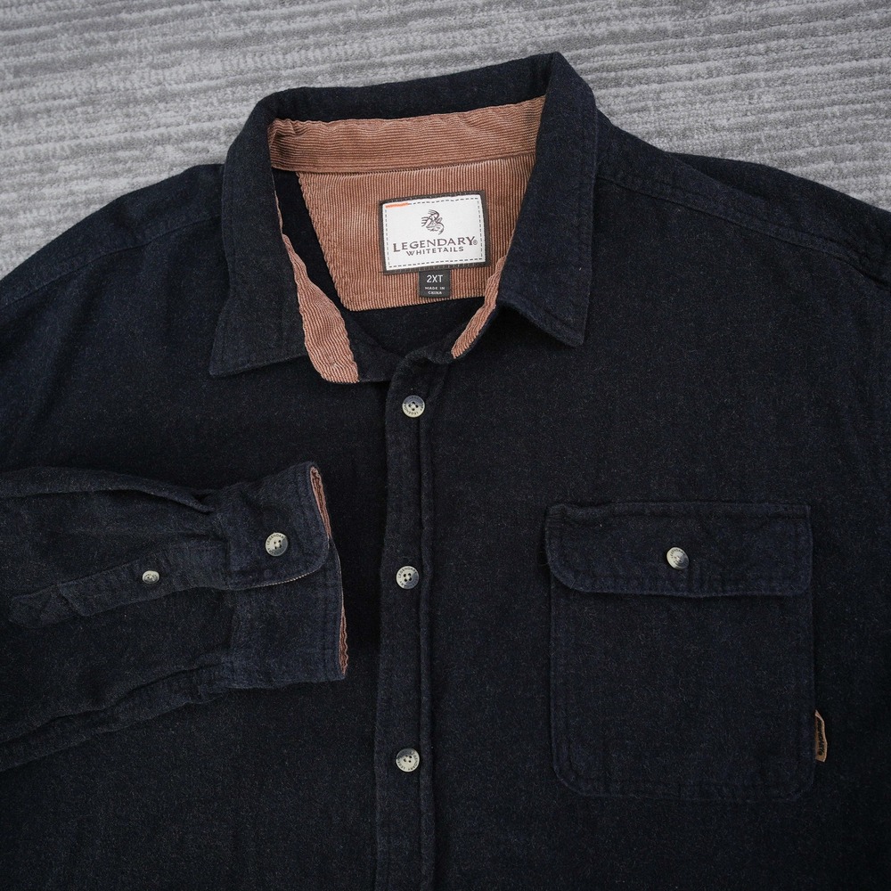 Legendary Whitetails Men 2XT Black Flannel Shirt Corduroy Trim Tall Button Up